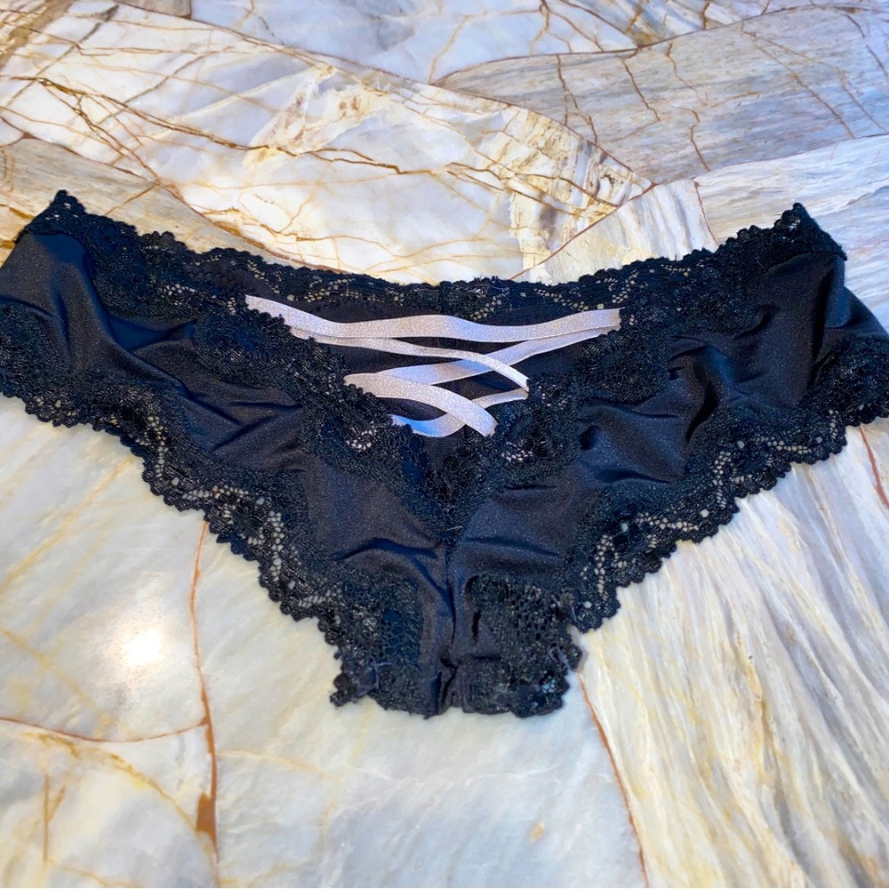 XSmall VS Very Sexy Cheeky Lace Trim Satin Silky Mesh Lace Up Panty XS